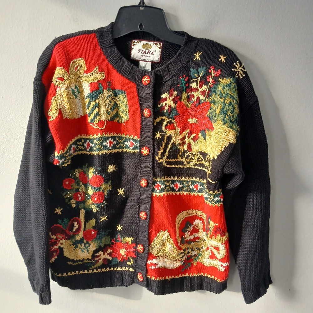 Tiara Petites Women's Size‎ Medium Knit Sweater Vintage Embroidered Christmas